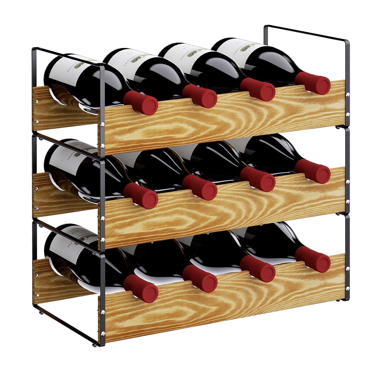3-Tier Stackable Wine Rack Holds 4 Bottles per Tier, Metal & Bamboo Wine Storage Rack